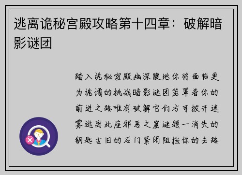 逃离诡秘宫殿攻略第十四章：破解暗影谜团